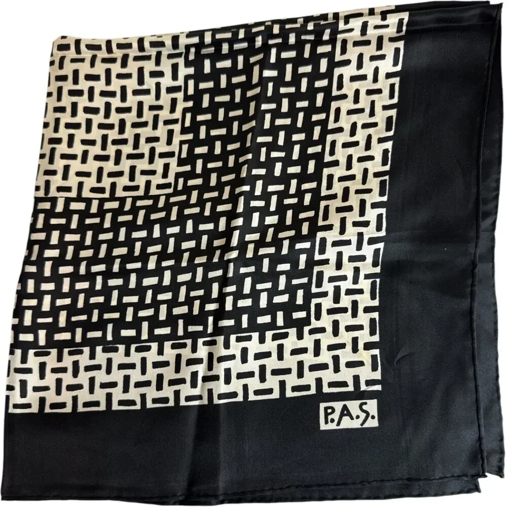 P.A.S. Silk Scarf 30” Square Black Ivory Geometric Print Satin Neck Scarf